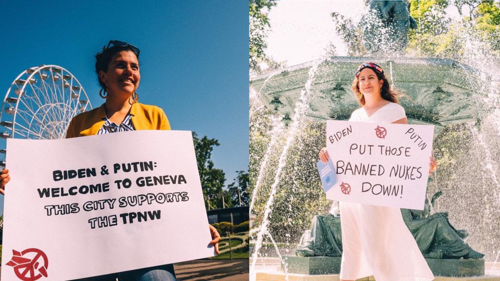 Two photos of people looking hopeful in the sun. Each person is holding a placard with the ICAN logo (a broken missile inside a peace symbol), and the placards read: "Biden and Putin: Welcome to Geneva. This city supports TPNW" on the left; and "Biden, Putin: Put those banned nukes down" on the right.
