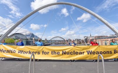 North East health workers banner drop to support Nuclear Weapon Ban Treaty