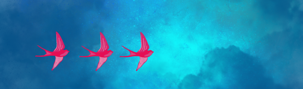 Illustrated magenta birds flying across a saturated blue sky
