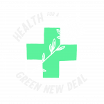 Health for a Green New Deal logo - white flower over mint-green medical cross