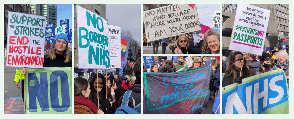 A collage of pictures of Patients Not Passports campaigners on marches holding placards including "Support the strikes – end the hostile environment" & "No borders in the NHS"