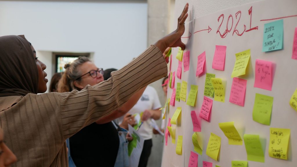 People sticking post-it notes on a wall full of post-it notes