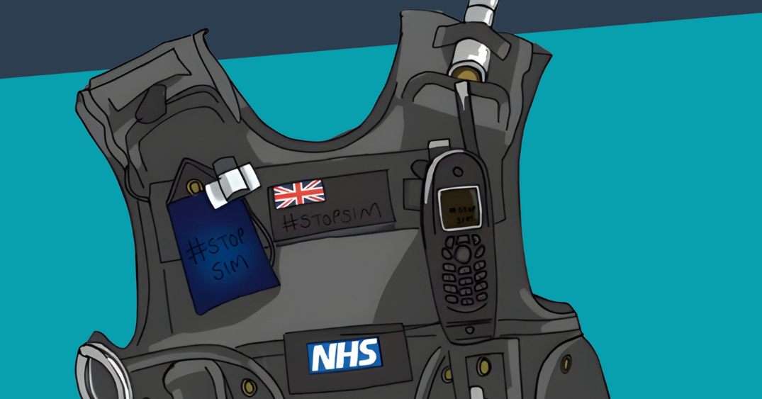 Criminalising Distress report cover image, with the title, and an illustration of a police tactical vest with both a Union Jack patch and an NHS logo patch.