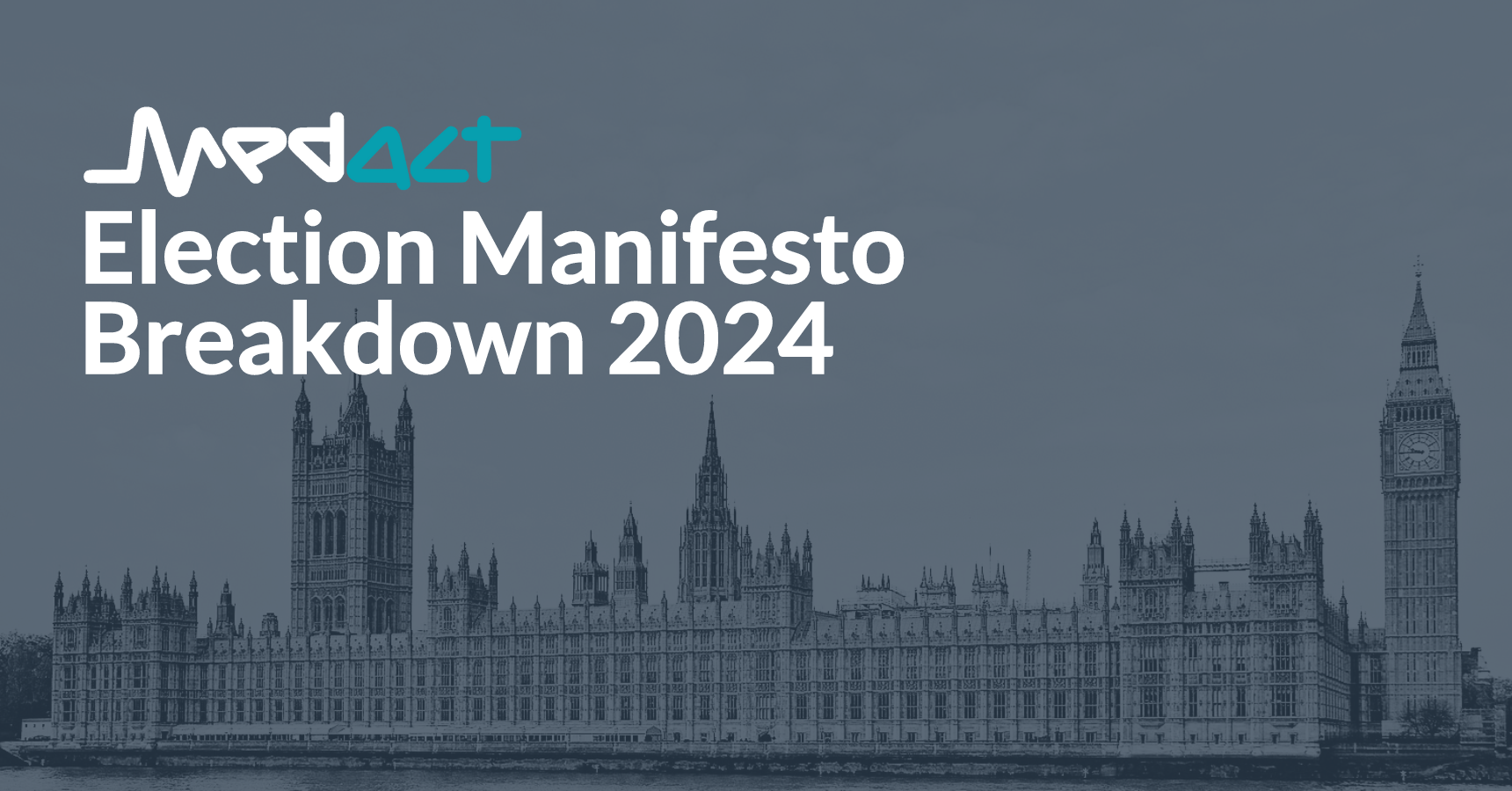 Medact Manifesto Breakdown 2024: text over greyscale image of Westminster Parliament