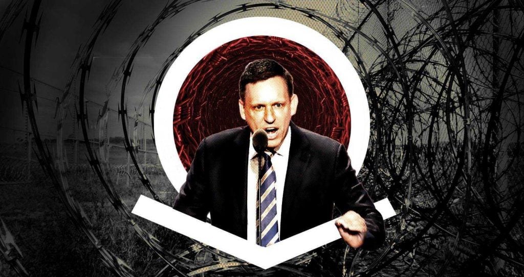 A graphic of Palantir co-founder Peter Thiel speaking at a podium with a stylised barbed-wire spiral background