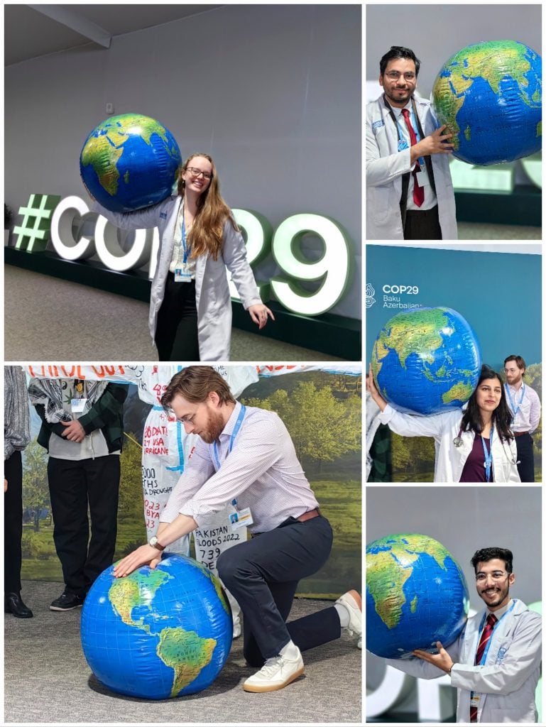 A collage of photos of people dressed as doctors at COP29 'resuscitating' an inflatable globe of Earth.