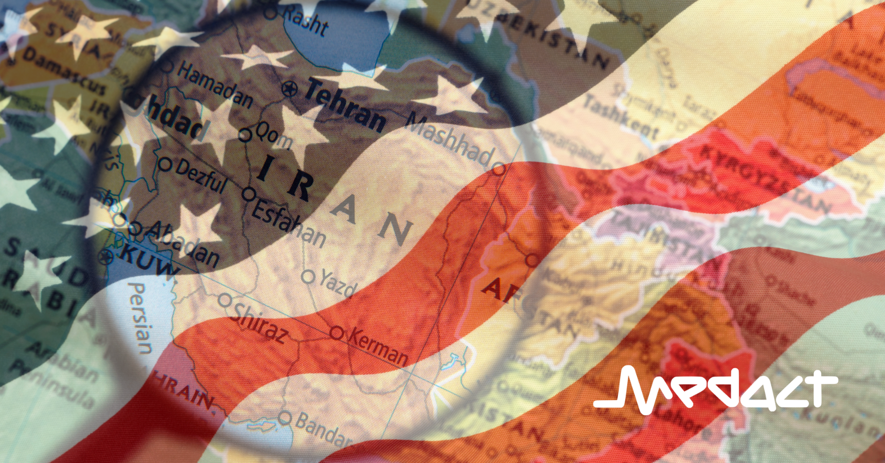 Magnifying glass on the map of Iran covered over by the US flag