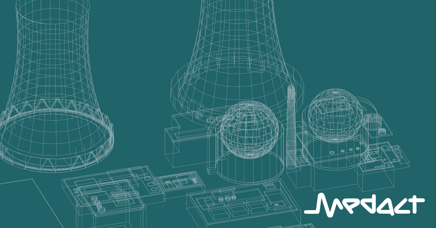 Stencil drawing of a nuclear power plant on a teal background with a Medact logo