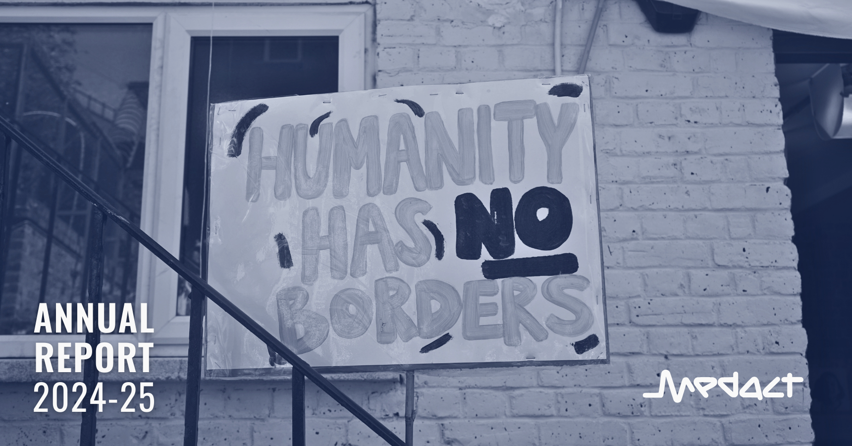 Protest placard standing on a brick wall stating "Humanity has no borders"; Medact Annual Report 2024-25
