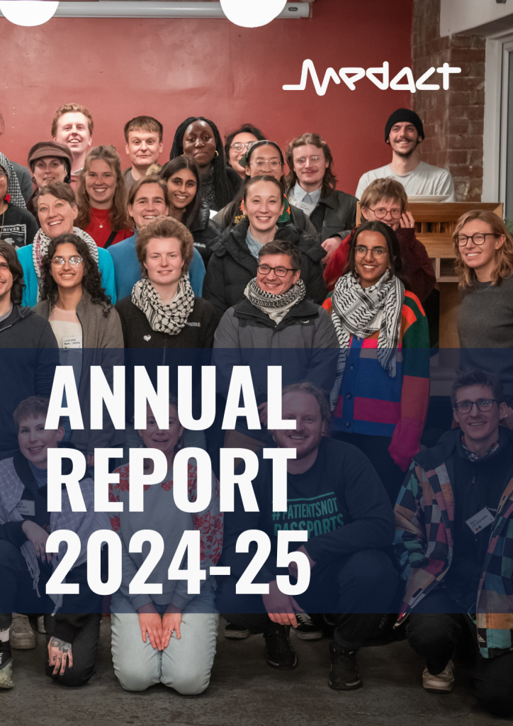Medact Annual Report 2024-25 cover – background image of medact members posing for a large group photo