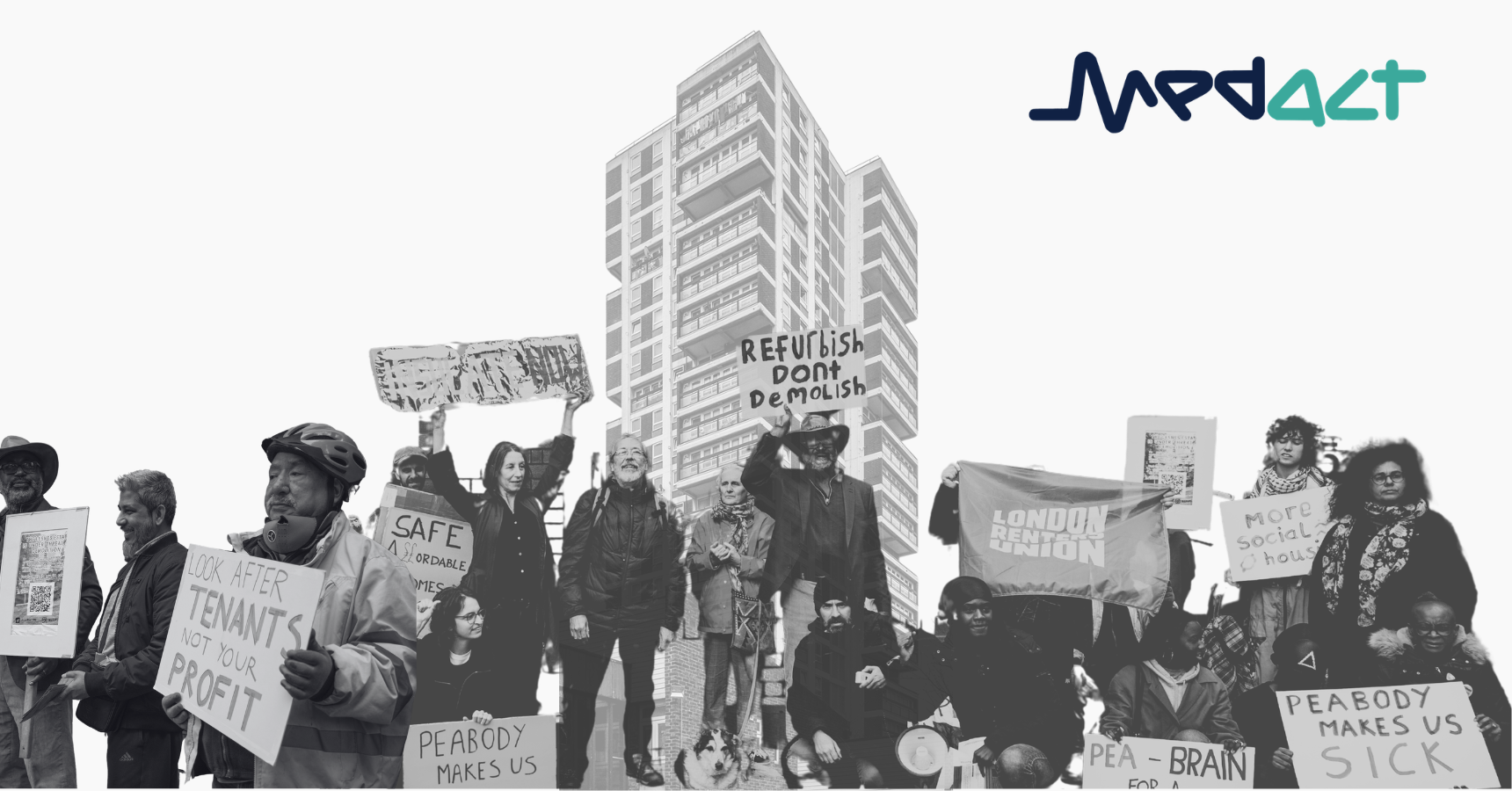 A group of protesters holding placards for housing and health justice